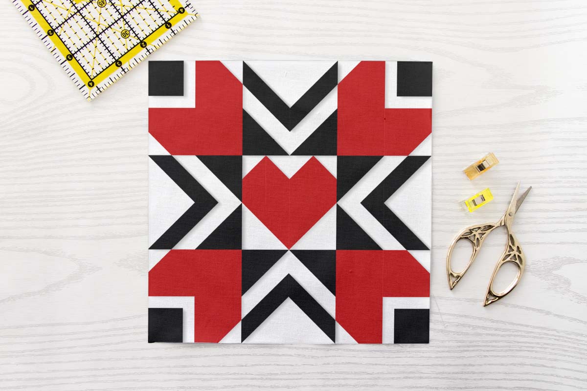 Chevron Heart FPP Quilt Block Pattern PDF - Bold Red and Black Valentine Heart Quilt Block with Arrow Chevron Details