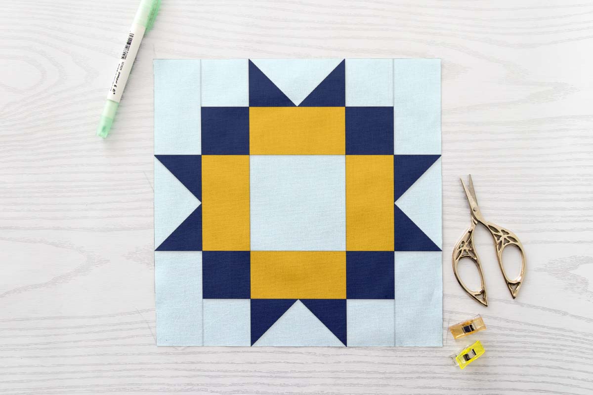 Easy Maple Star FPP Quilt Block Pattern PDF - Navy Blue and Golden Yellow Nine Patch Star Quilt Block with Flying Geese Units