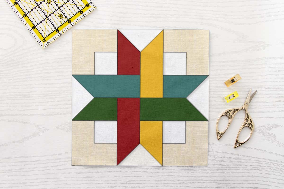Woven Star FPP Quilt Block Pattern PDF - Four Colour Interlocking Ribbon Star Quilt Block in Red Yellow Teal and Green