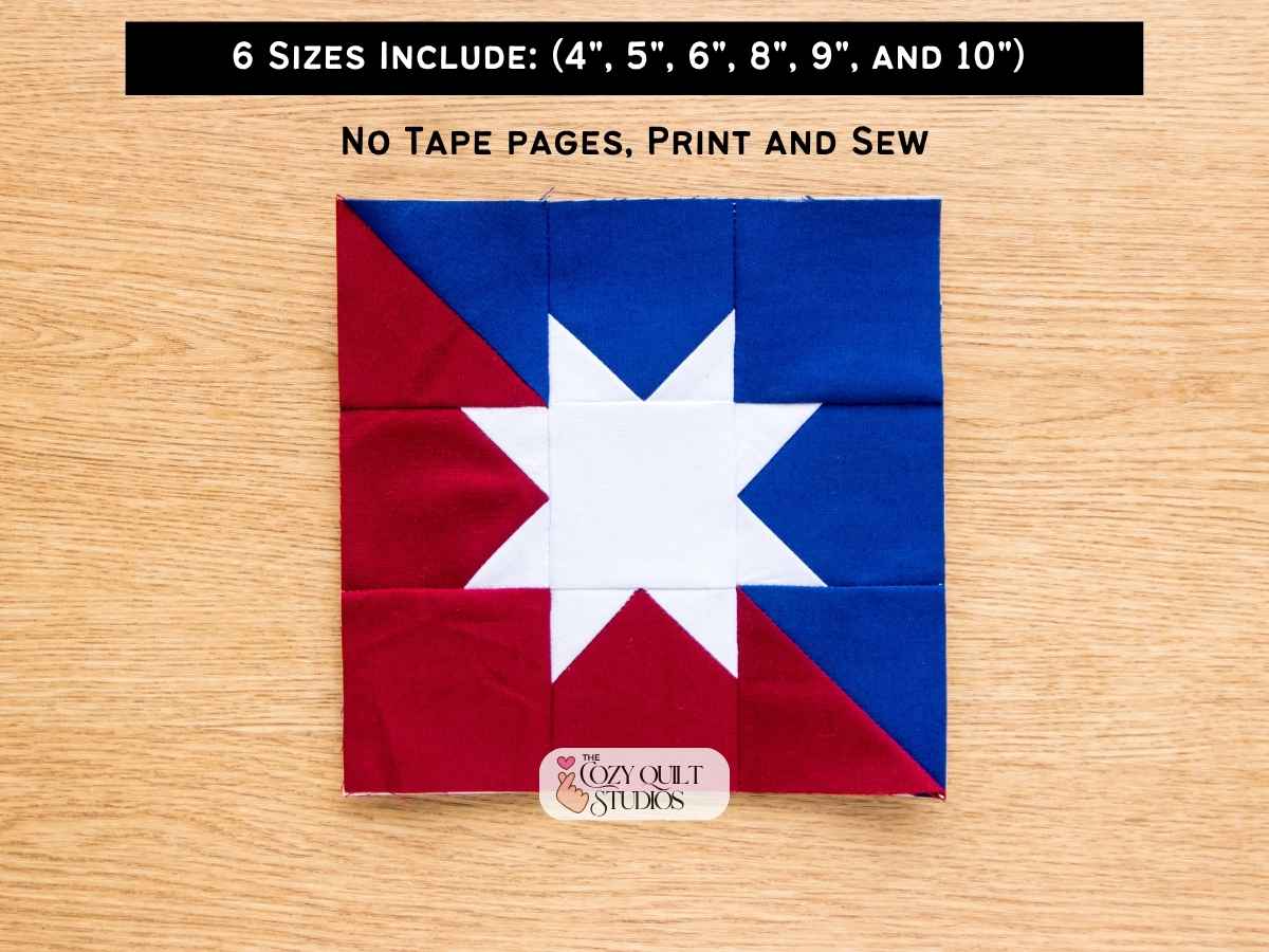 Classic Split Sawtooth Star paper pieced quilt block pattern pdf