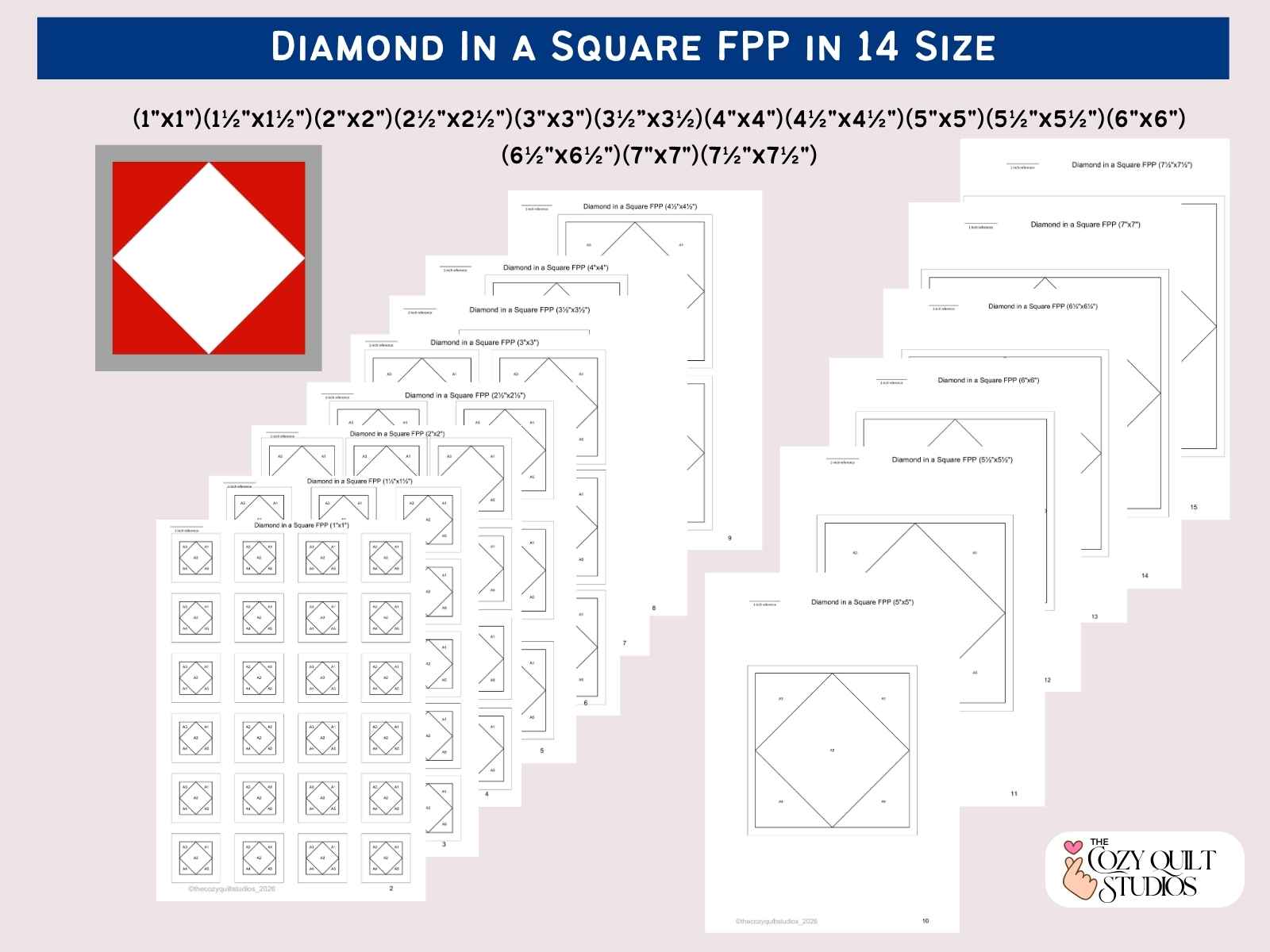 Diamond in a square quilt block foundation paper piecing pattern digital pdf download