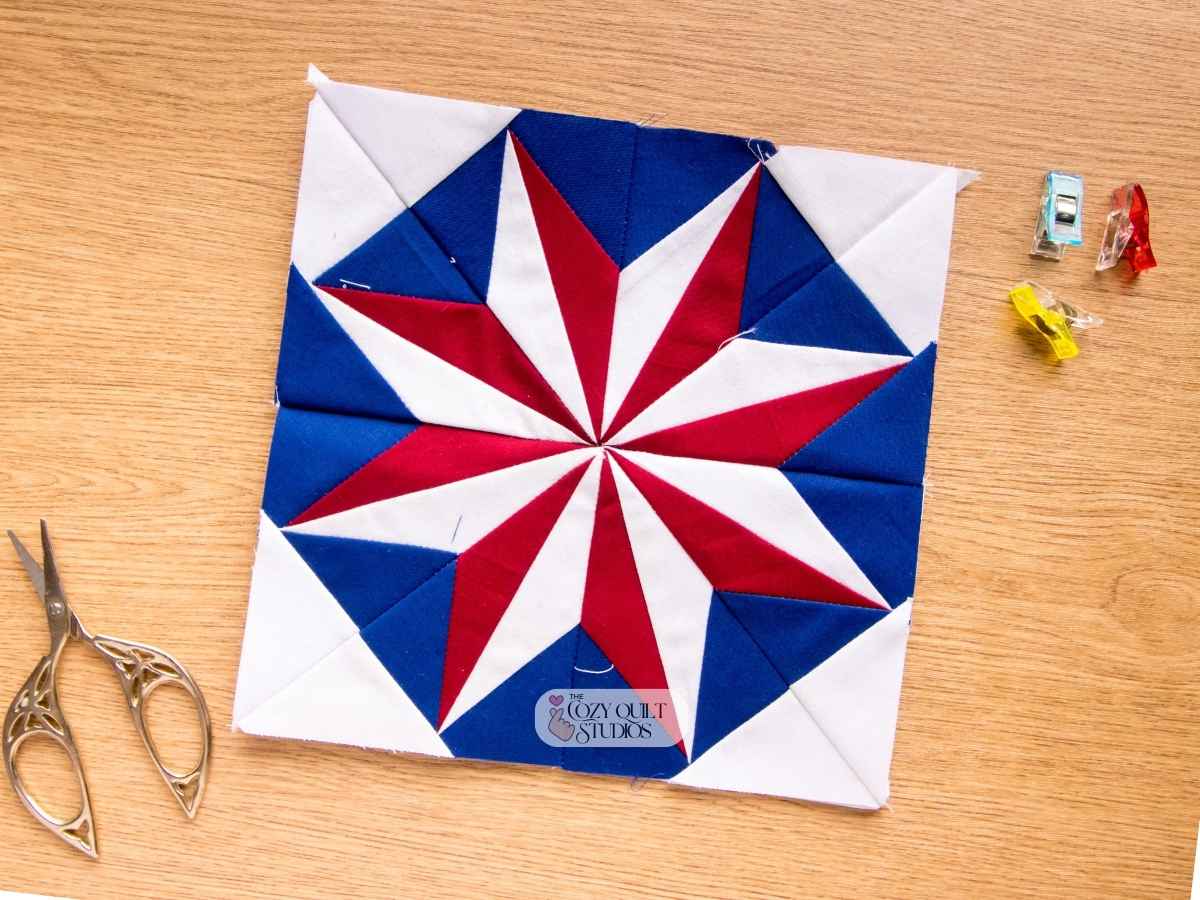 Patriotic eight point star foundation paper piecing quilt block pattern pdf printable