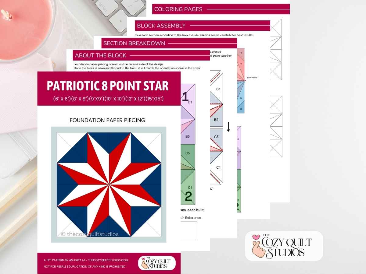 Pinwheel Starburst Patriotic Quilt Block Foundation Paper Piecing (FPP) quilt block pattern instant download