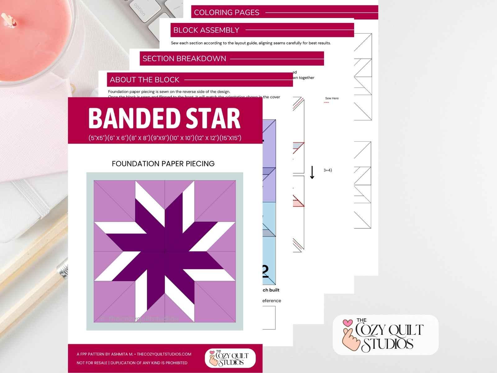 banded LeMoyne Star quilt block fpp templates pdf download