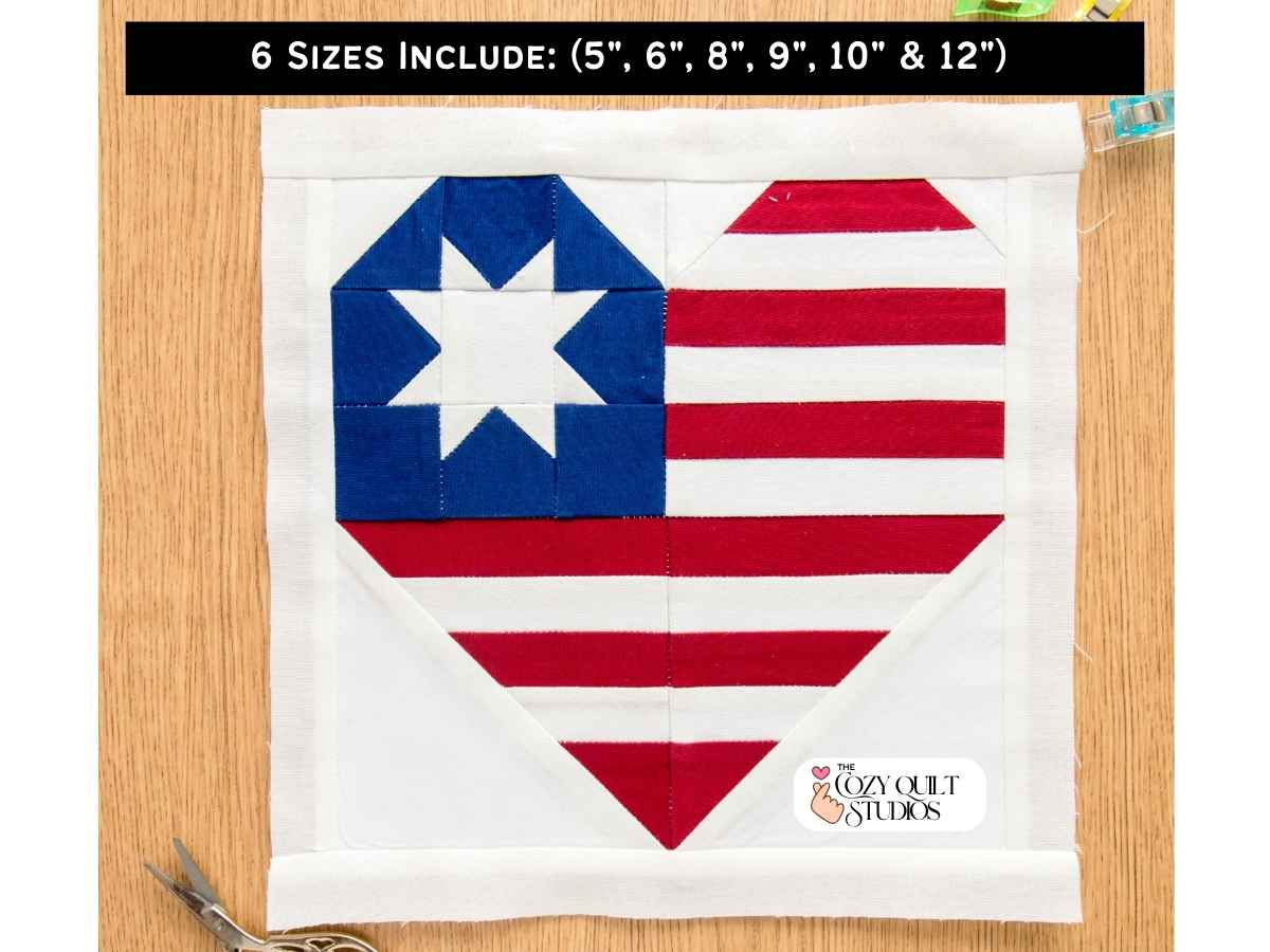 best americana patriotic heart flag foundation paper piecing quilt block pattern PDF download