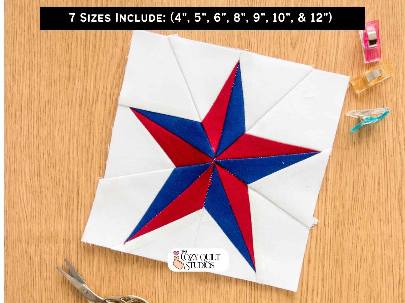 easy five pointed star FPP quilt block pattern with 7 finished sizes PDF download