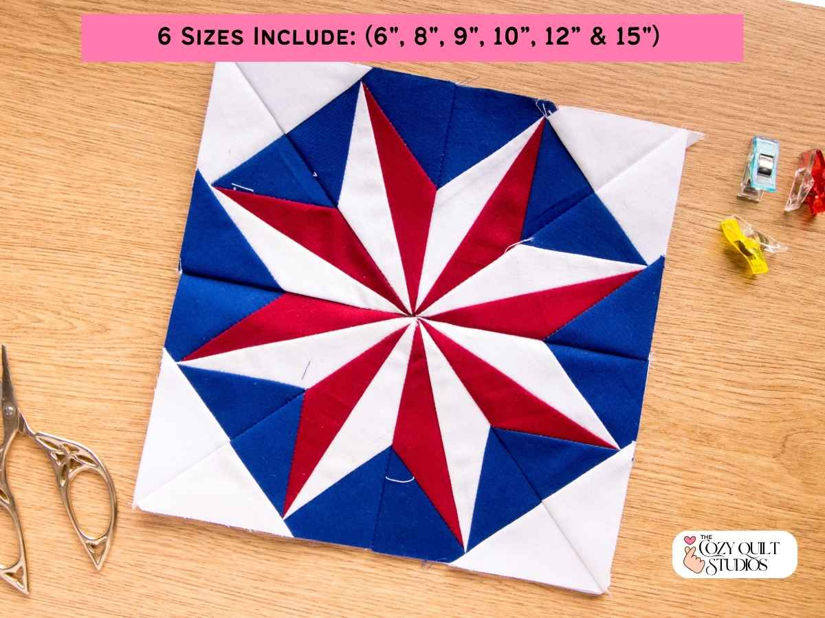 eight point Pinwheel Starburst Quilt Block Foundation Paper Piecing in 6 sizes instant downlaod