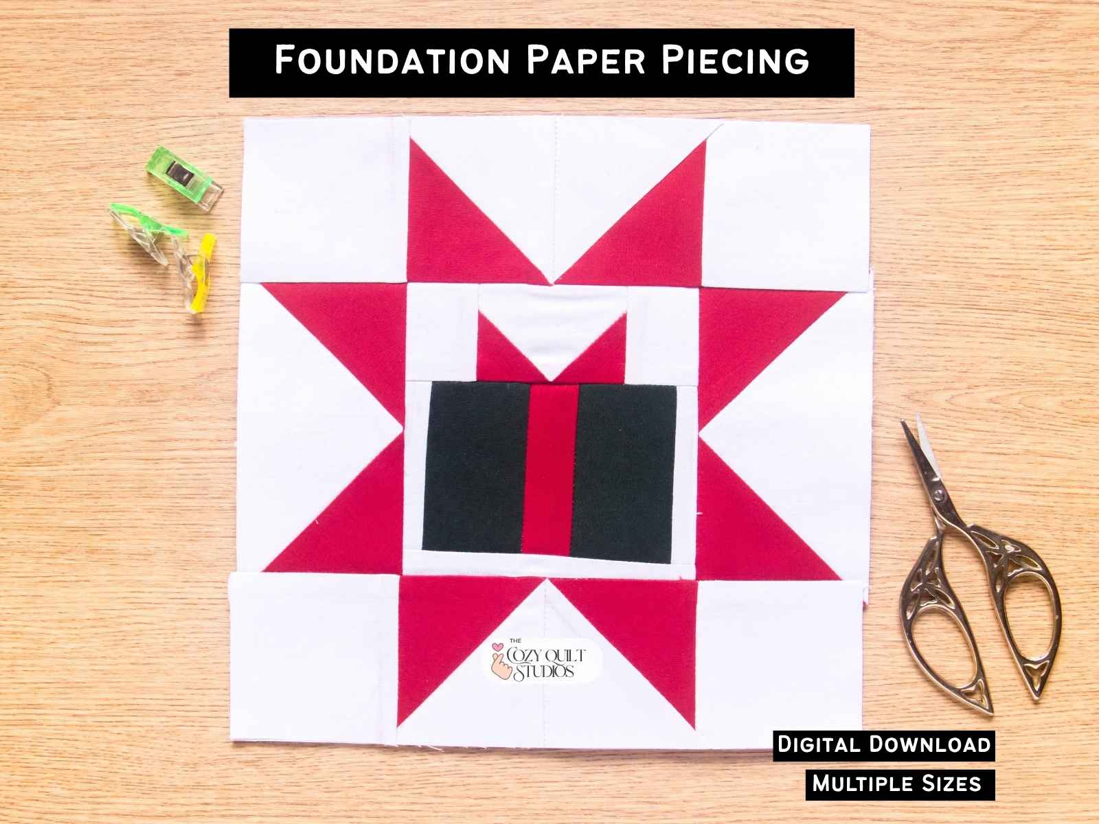 foundation paper peicing xmas present motif with sawtooth star quilt block pattern digital download