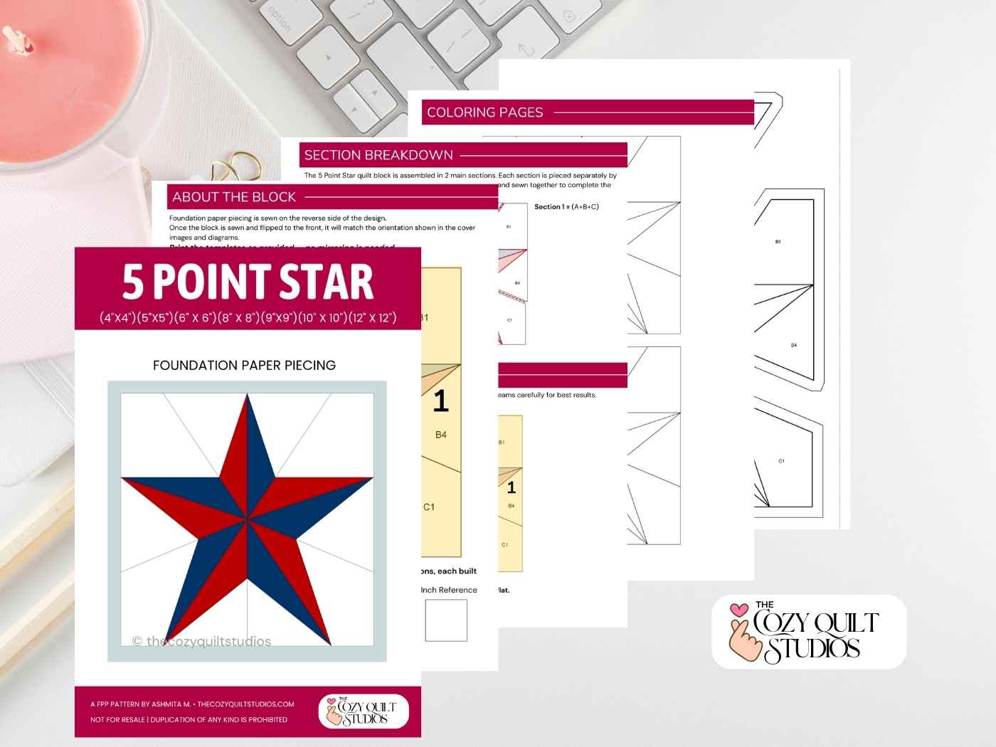 foundation paper piecing five pointed star quilt block pattern