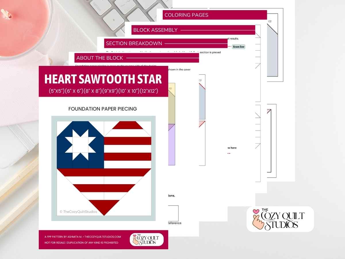 heart and star foudatin paper piecing quilt block pattern pdf downlaod