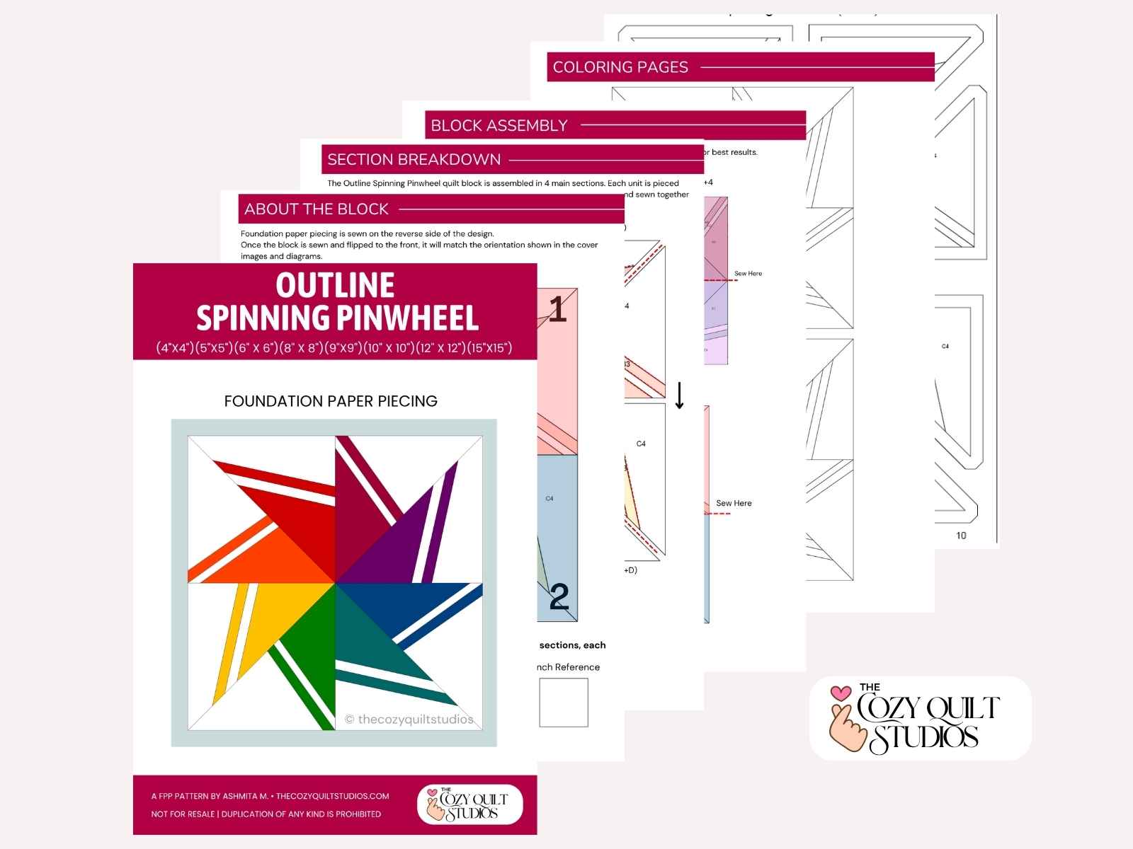 outline spinning pinwheel FPP quilt block pattern pdf overview