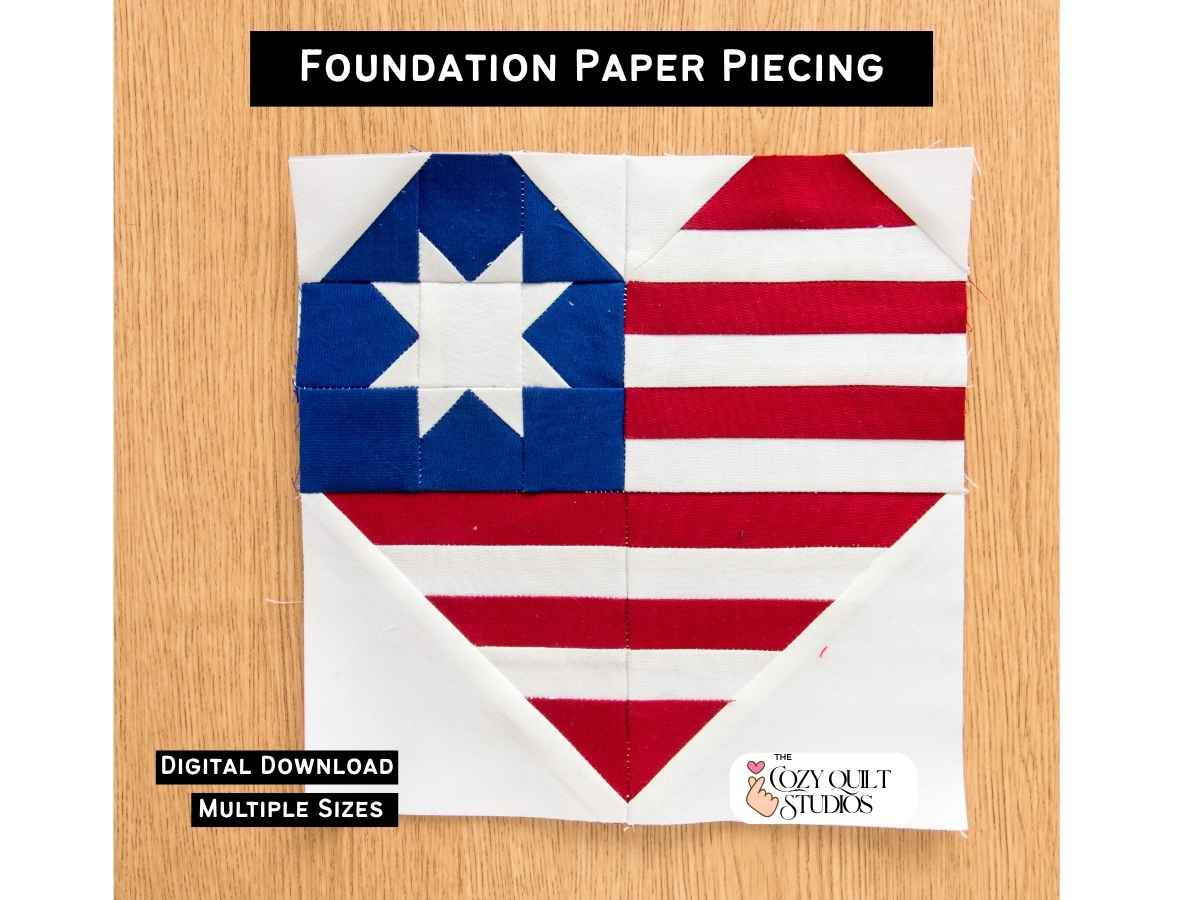 patriotic heart flag foundation paper piecing quilt block pattern PDF download