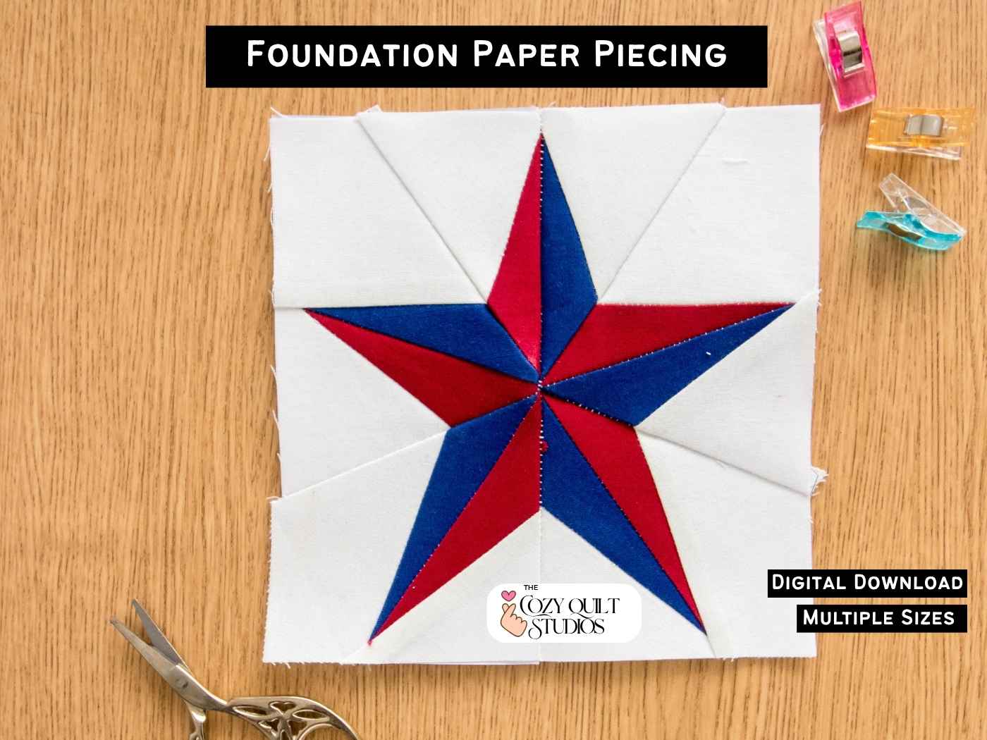 printable paper pieced christmas star quilt block 7 sizes included
