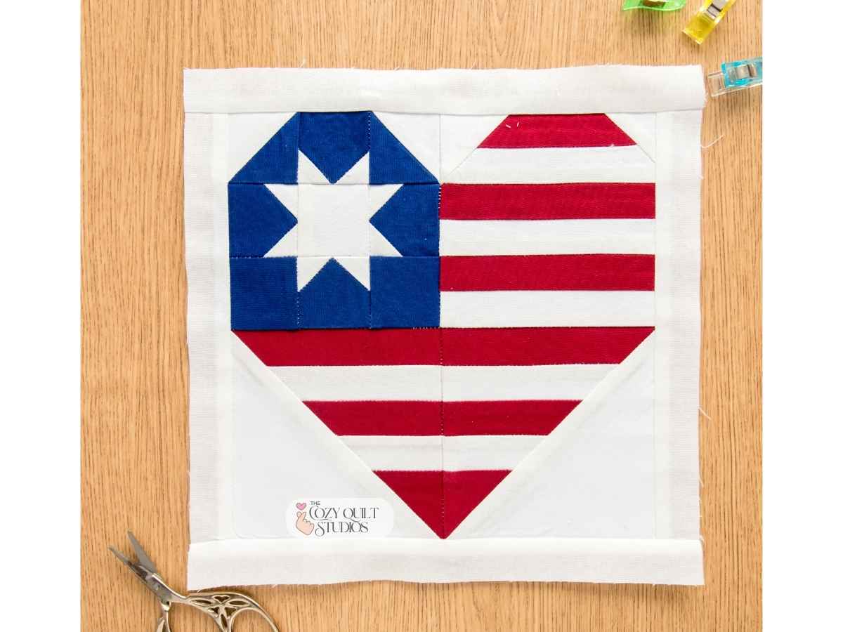 Heart patriotic flag sawtooth star inside american flag foundation paper piecing quilt block pattern
